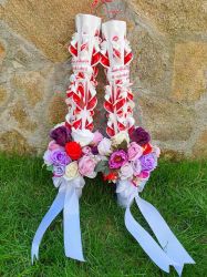 Lumanare nunta cu aranjament din flori de sapun - rosu