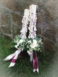 Lumanare nunta cu aranjament din flori artificiale  -grena