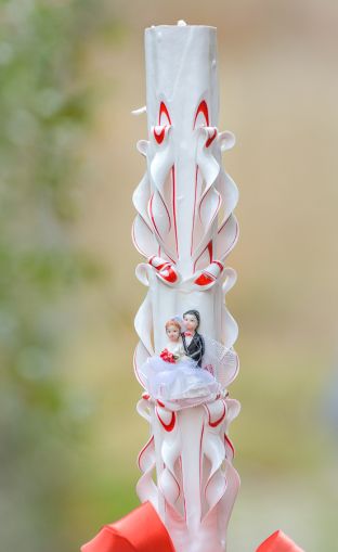 Lumanari nunta sculptate , model 5 coloane cu figurina miri - rosu