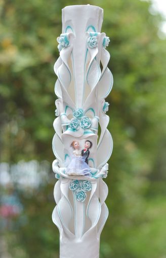 Lumanari nunta sculptate , model 5 coloane,  irizatie de culoare, cu figurina, cu trandafirasi din ceara  - turcoaz