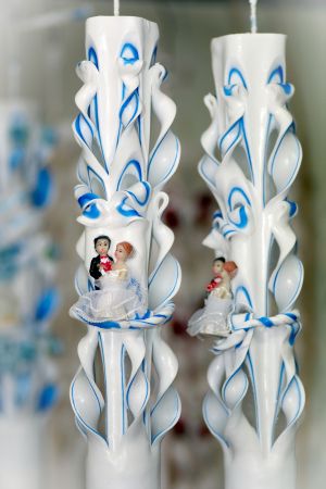 Lumanari nunta sculptate , model 5 coloane cu figurina miri - albastru