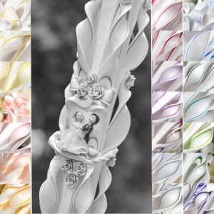Lumanari nunta sculptate , model 5 coloane,  irizatie de culoare, cu figurina, cu trandafirasi din ceara  - crem, bej antic, galben, bleumarin