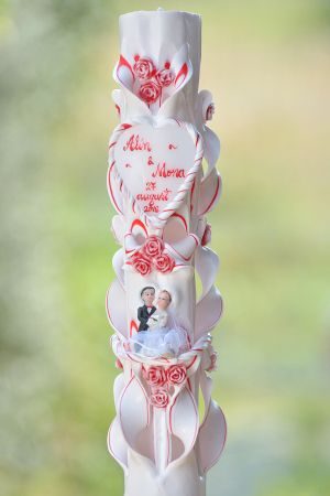 Lumanari nunta sculptate , model 5 coloane,  irizatie de culoare, cu figurina, cu trandafirasi din ceara  si cu inima din ceara personalizata - rosu