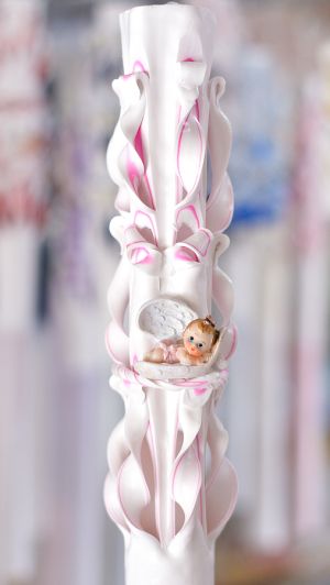 Lumanari botez sculptate, irizatie de culoare, cu figurina bebelus, roz fucsia