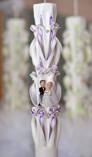 Lumanari nunta sculptate 6 coloane, cu perlute, cu figurina, irizatie mov