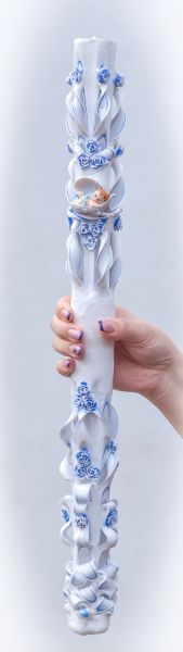 Lumanari botez sculptate, irizatie de culoare, cu figurina bebelus,   trandafirasi din ceara - albastru