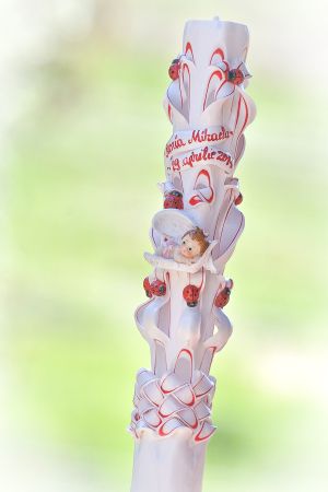 Lumanari botez sculptate, model 6 coloane clasic, cu figurina bebelus,  buburuze rosu