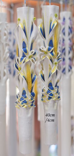 Lumanari sculptate 5 coloane, miez albastru cu irizatie galbena, cu spice si mini floarea soarelui