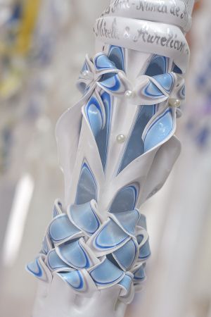 Lumanari nunta sculptate 6 coloane, miez bleu, irizatie dealbastru si gri si perlute