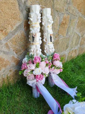Lumanare nunta cu aranjament din flori de sapun -alb si roz
